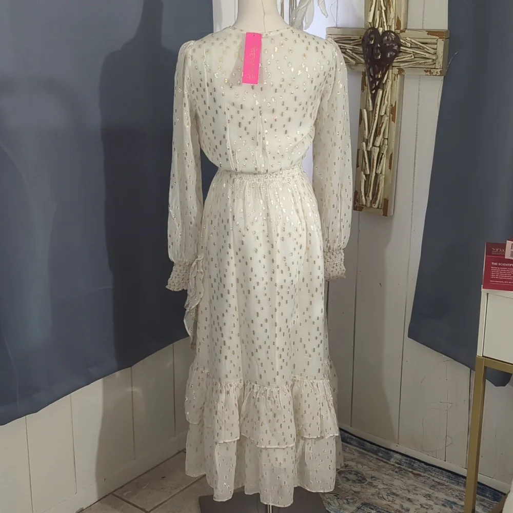 Lilly Pulitzer Christiana Midi Cream Long Sleeve Bishop V-Neck Dress Size 2 - Picture 4 of 12